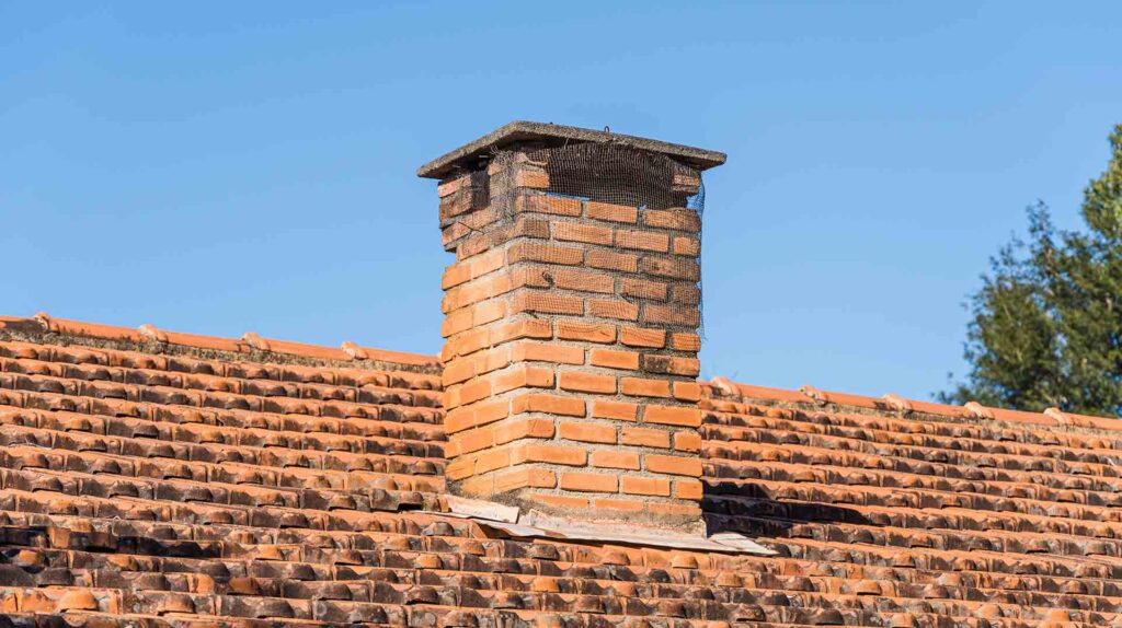 A dirt red brick roof is seen with a blue sky and tree in the background.